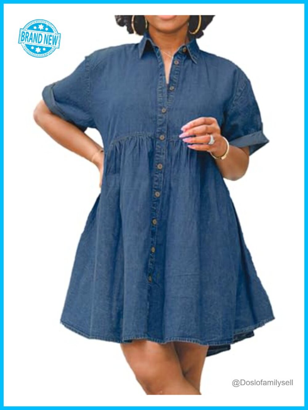 Womens Denim Babydoll Tiered Jean Dress Button Down Mini